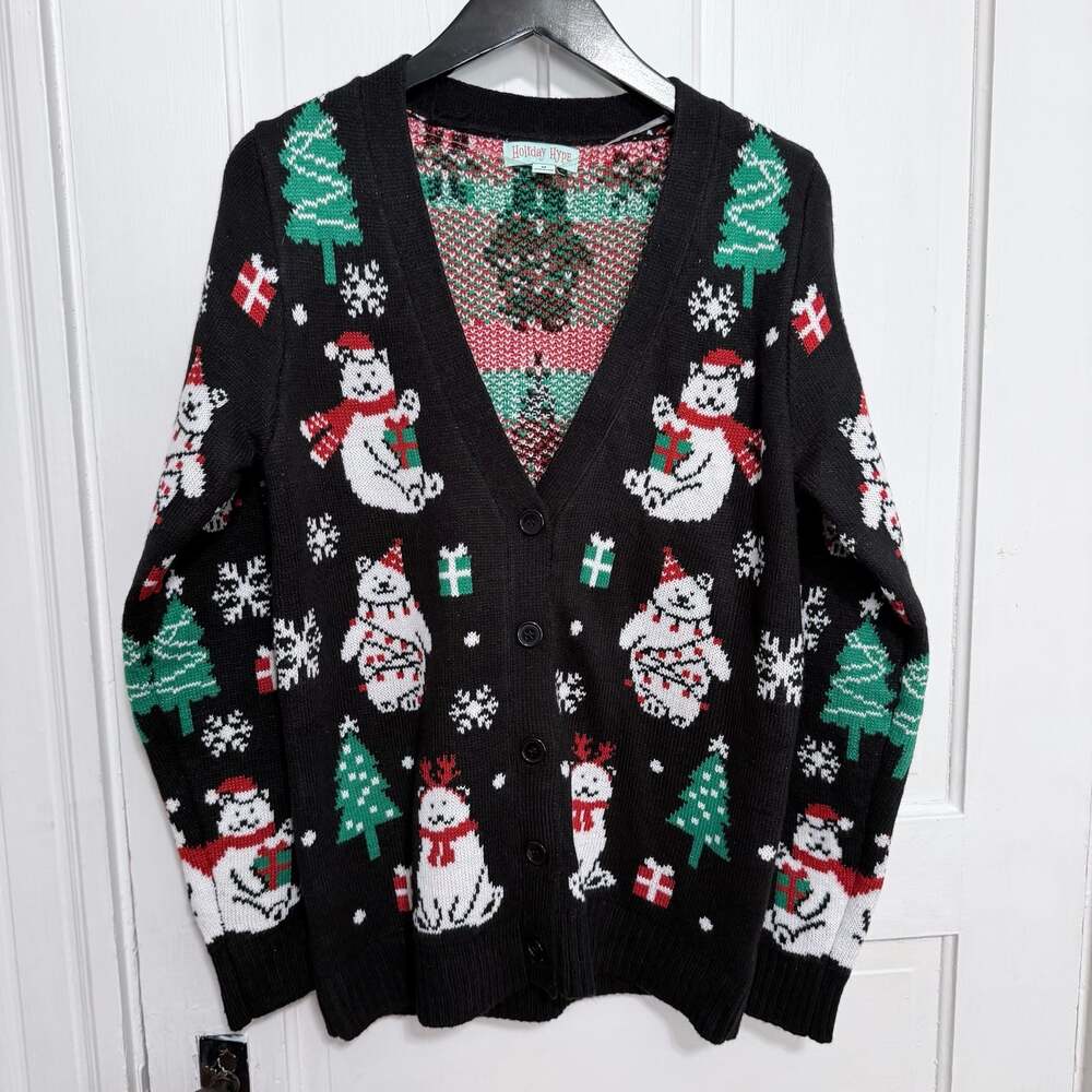 Holiday Hype Women's Ugly Christmas Sweater Cardigan Black Polar Bear Size M